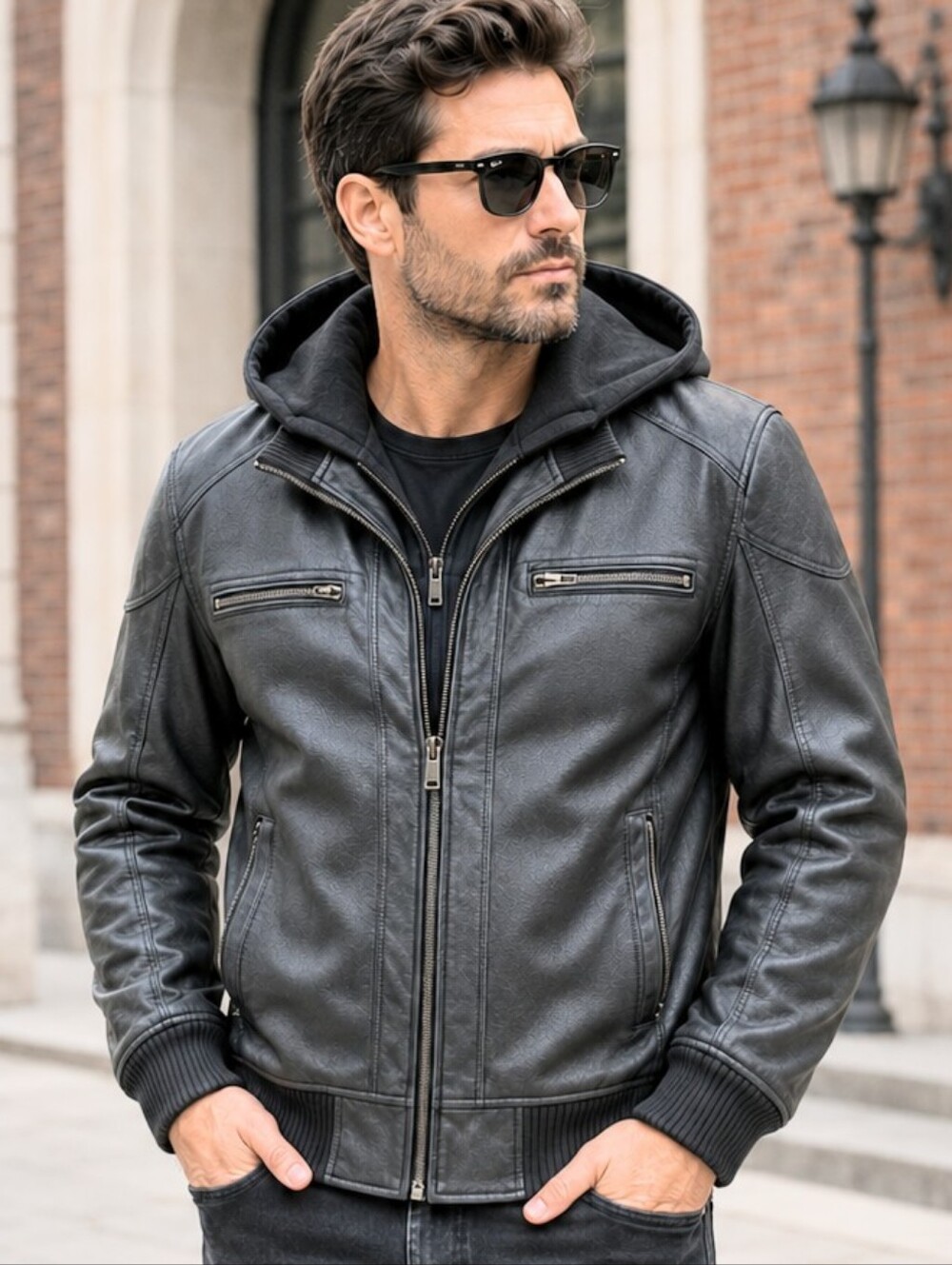 GUESS Men’s Black Faux Leather Hooded Moto Bomber Jacket L